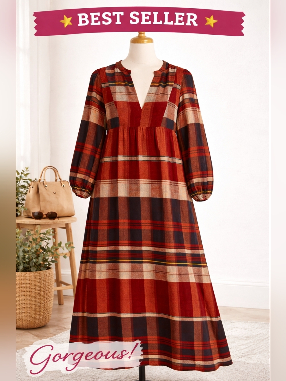 Zara Woman M Rust Red Plaid Tiered Maxi Dress Boho Fall Long Sleeve Cottagecore